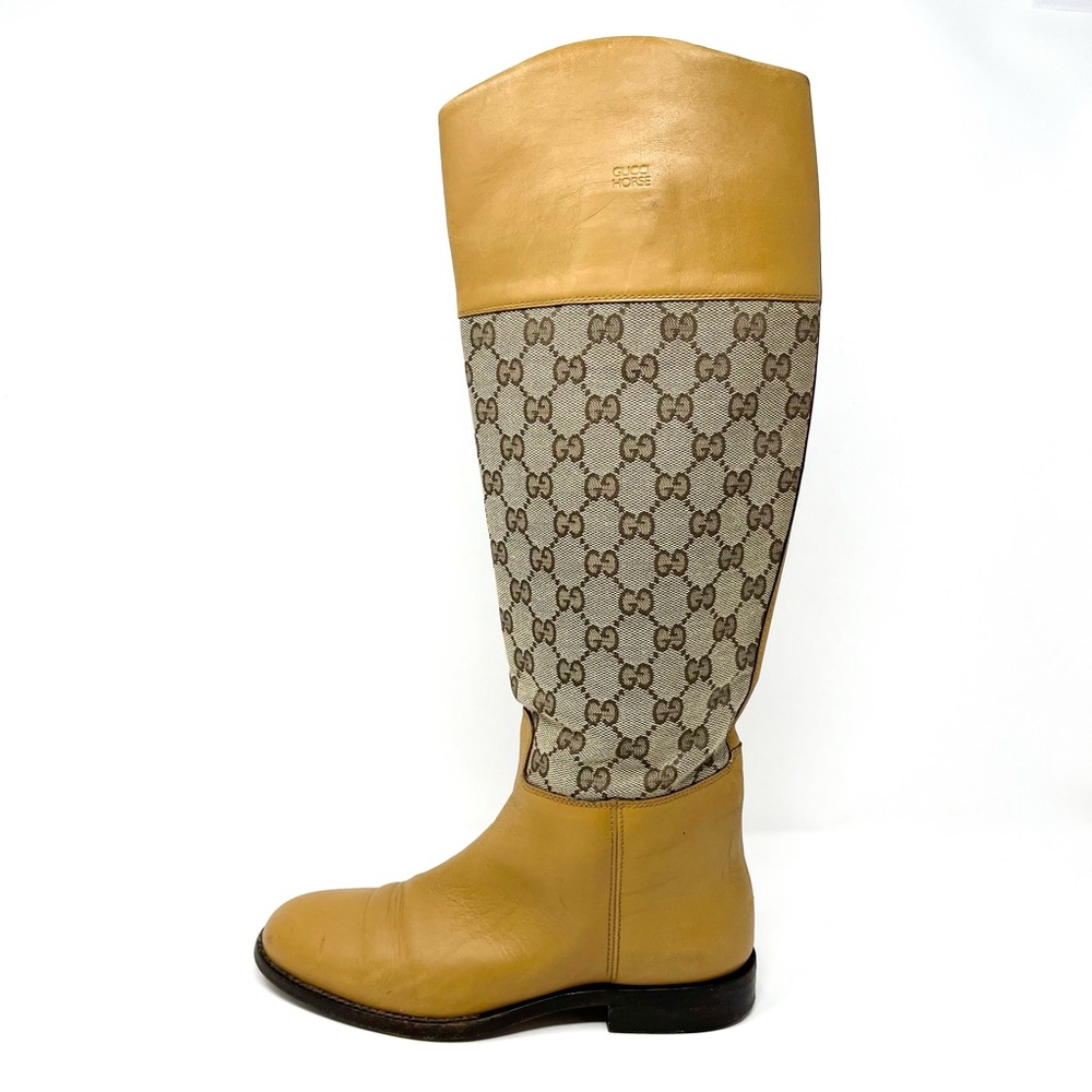 RARE Vintage Gucci GG Logo Monogram Tall Riding Boots Tan Brown Canvas 37.5 7.5 - Picture 5 of 12